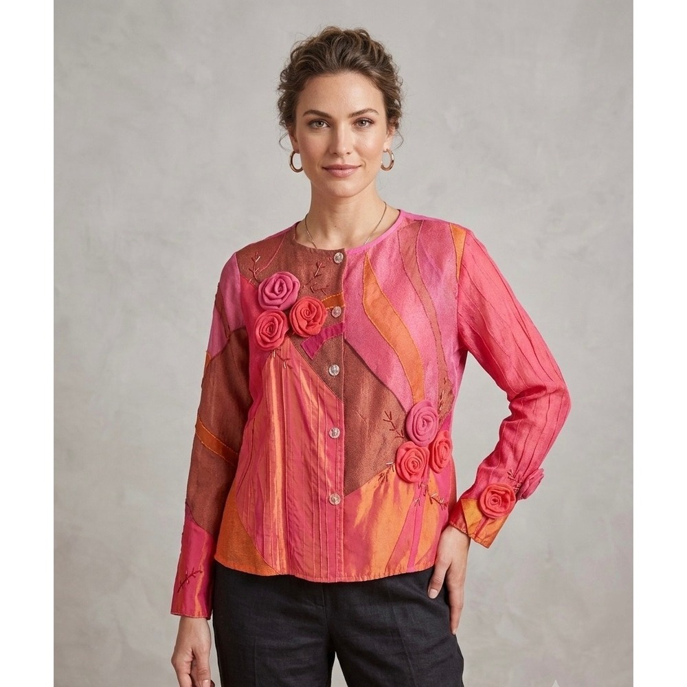 Sandy Starkman Silk Patchwork Floral Jacket XL Pink Orange Wearable Art